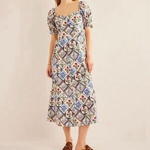 Boden Sweetheart Linen Floral Puff Sleeve Colorful Midi Dress. 2P. 2 Petite. NEW